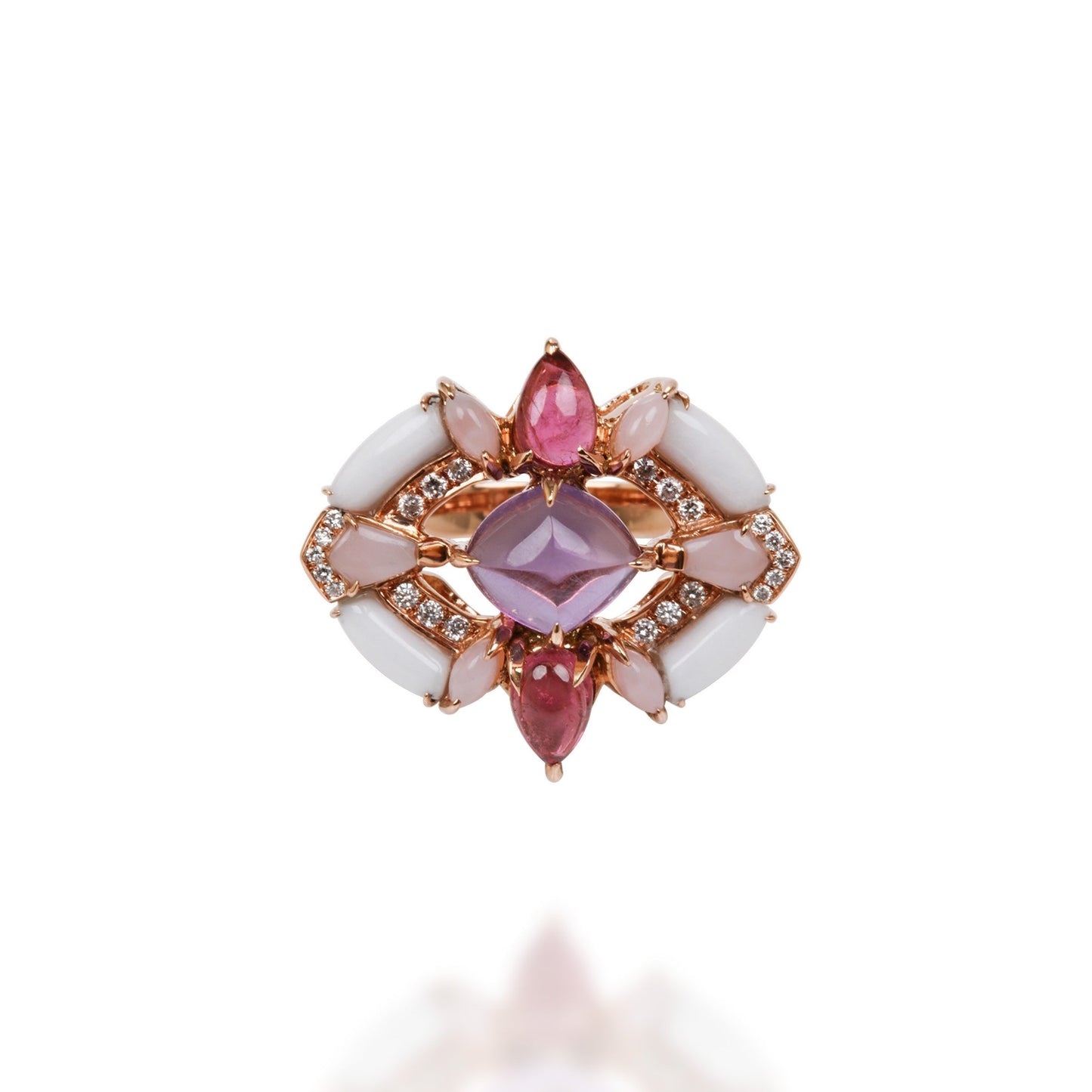 Ring With Diamond, Pink Tourmaline, Amet, Pink Opal & White Onyx