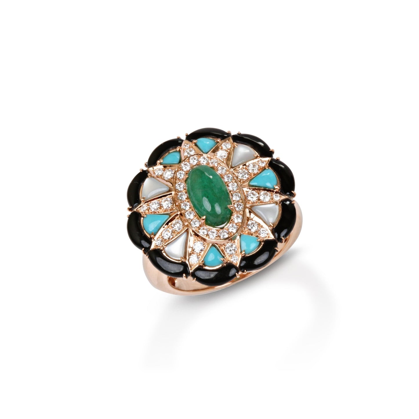 Ring with Diamond, Emerald, Turquoise, MOP & Onyx - M Model