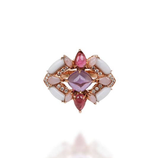 Ring With Diamond, Pink Tourmaline, Amet, Pink Opal & White Onyx